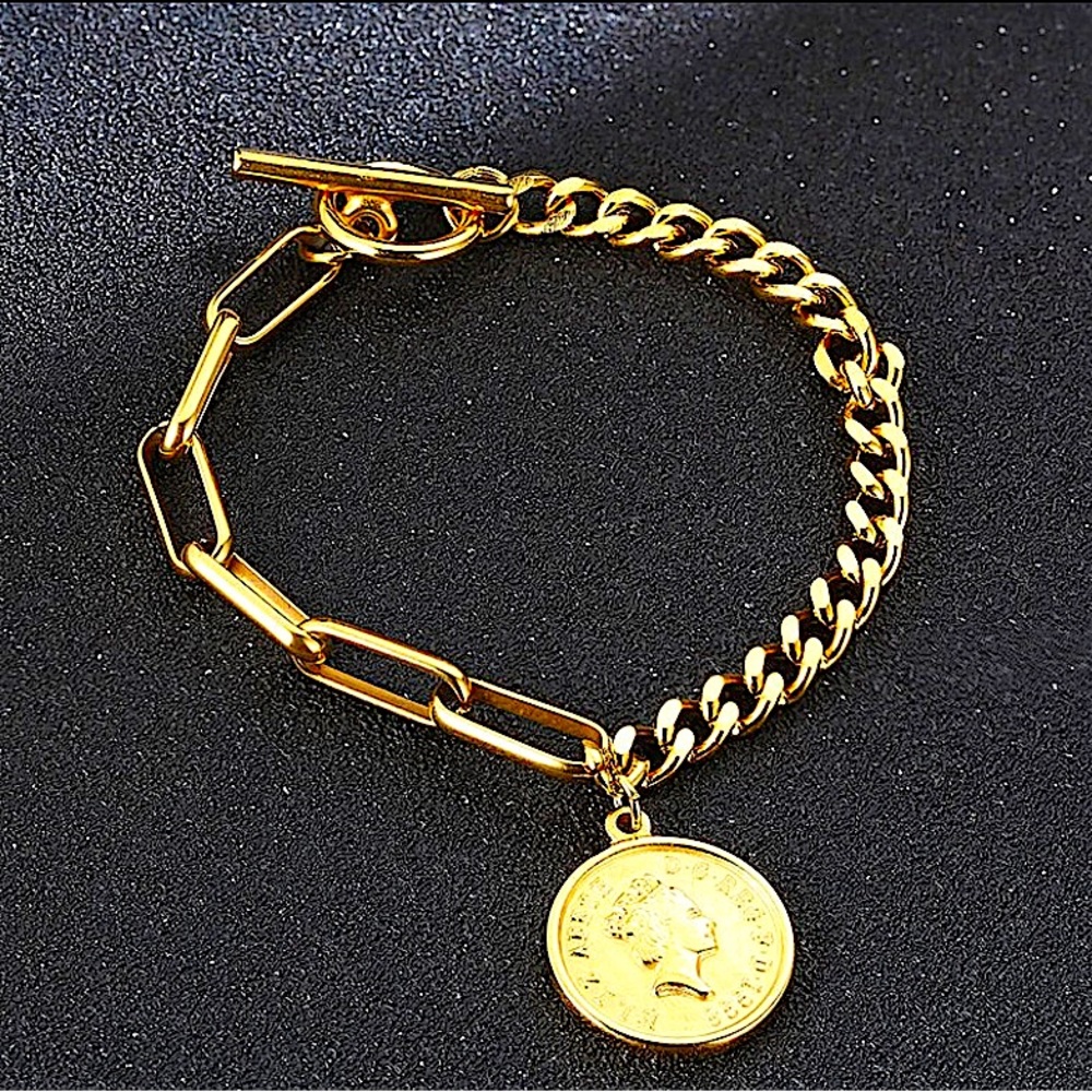 Queen Elizabeth Coin Gold Plated Chain Link Necklace Matching Bracelet Set - Picture 10 of 11